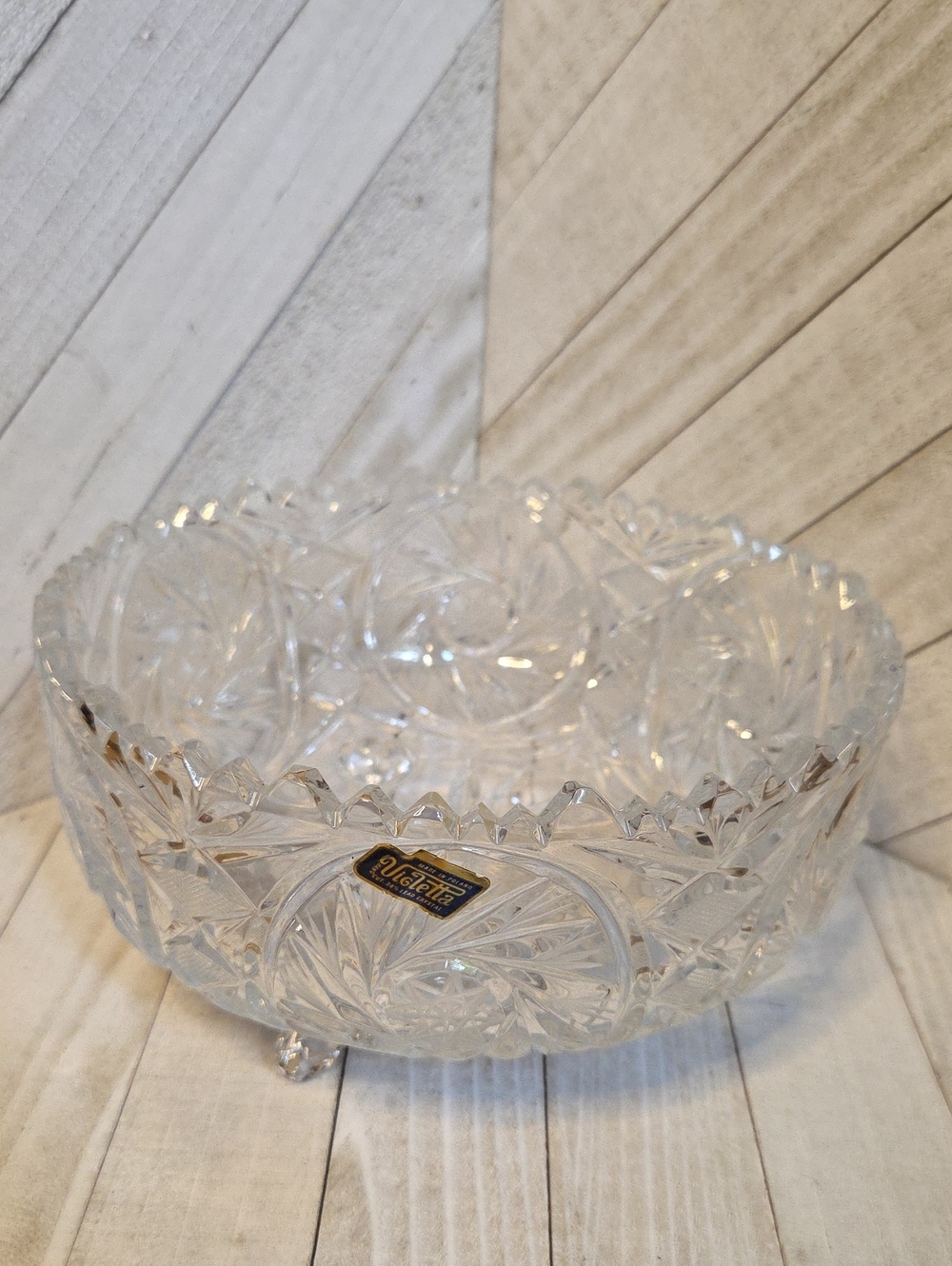 Vintage Violetta Poland Hand Cut 24% Lead Crystal Round Footed Pinwheel Bowl